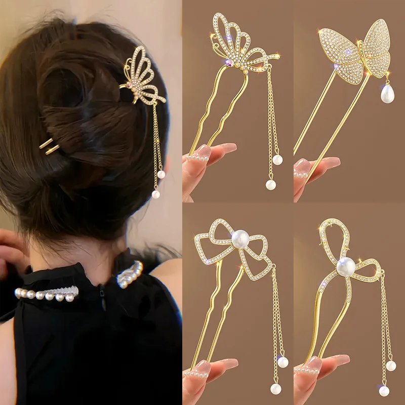 Hi Tech Accessories - สไตล์โบราณเพิร์ล rhinestone high-end U-รูปพู่ hairpin สไตล์จีนใหม่โบว์แถบคาดศีรษะ