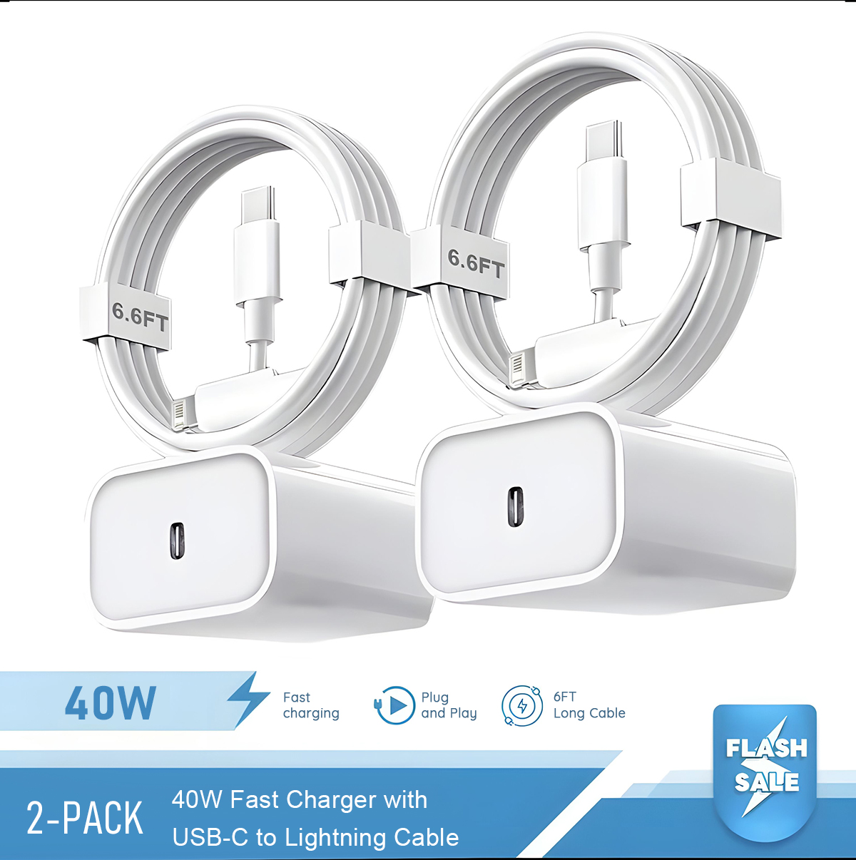 Tech Accessories Apple - 2-4 ชุด 40W ชาร์จเร็วสำหรับไอโฟน 14 13